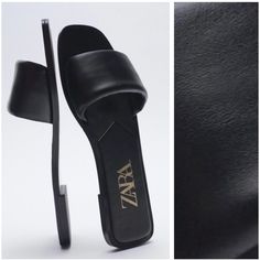 Zara Black Leather Slide Sandals Never Worn, But No Tag Size 39 // 8 Sleek Black Flat Sandals, Black Leather Mules For Summer, Chic Black Flat Mules, Sleek Black Mules With Single Strap, Black Flat Faux Leather Sandals, Black Sleek Mules With Single Toe Strap, Black Flat Heel Mules For Summer, Black Leather Flat Sandals, Black Faux Leather Beach Sandals