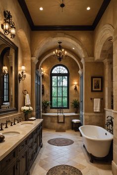 a large bathroom with double sinks, tub and chandelier