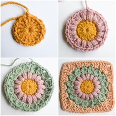 four crocheted ornaments are shown in three different colors