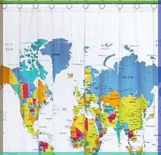 a shower curtain with the map of the world in blue, yellow and green colors