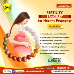 a pregnant woman is holding her belly in front of an advert for fertity bracelet