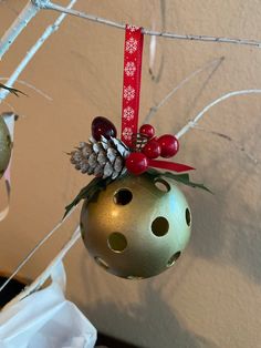 a christmas ornament hanging from a tree with pine cones and red berries on it