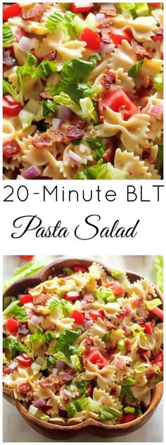 two pictures of pasta salad with the title 20 minute blt pasta salad