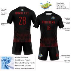 the front and back of a black soccer jersey with red writing on it, which reads david lee