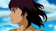 an anime character with long black hair looking to the side in front of blue sky and clouds