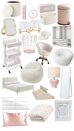 a collage of white furniture and accessories