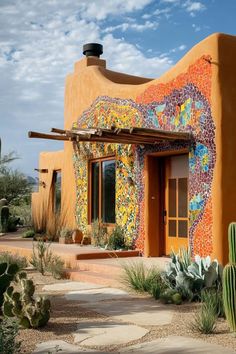 an adobe - style house with colorfully painted walls and cactus plants in the foreground