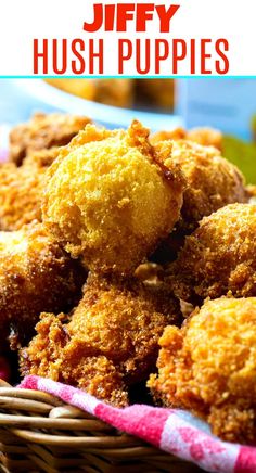 fried hush puppies in a basket with text overlay