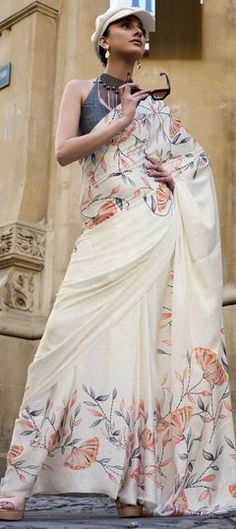 White and Off White color Saree in Satin Silk fabric with Floral, Printed work Satin Sarees, Off White Saree, Grey Saree, Crepe Silk Sarees, Crepe Saree, White Saree, Kalamkari Saree, Ready To Wear Saree, Satin Saree