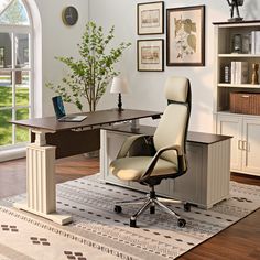 an office with a desk, chair and bookshelf in front of a window