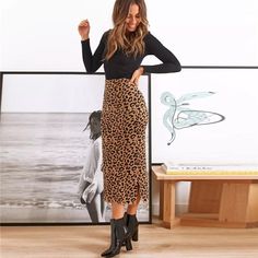 Midi Rock Outfit, High Waist Long Skirt, Rock Outfit, Leopard Print Skirt, Zippers Fashion, Womens Maxi Skirts, Midi Skirt Pencil, Body Con Skirt, Print Skirt