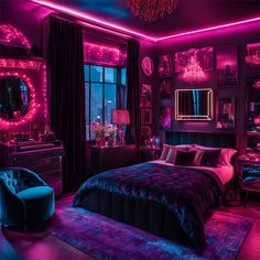 a bedroom decorated in purple and black with lots of lights on the walls, furniture and decor