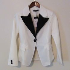 black and white blazer sold by teaxrose on Storenvy Classic Fitted Blazer With Contrast Trim, Chic White Single Button Blazer, Chic White Blazer With Single Button, Chic White Single-button Blazer, White Notch Lapel Blazer For Office, White Single Button Blazer For Work, Fitted Blazer With Contrast Trim For Office, Trendy White Blazer With Lapel Collar, Elegant White Cotton Blazer