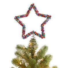 a christmas tree with a star decoration hanging from it's top and colorful beads