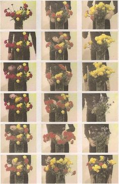 multiple images of flowers being held up in front of the same person's face