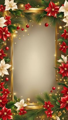 a christmas frame with poinsettis and holly