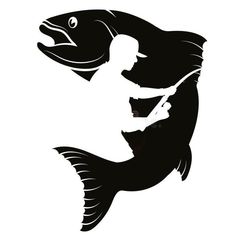 black and white silhouette of a fisherman on a large fish with fishing rod royalty illustration