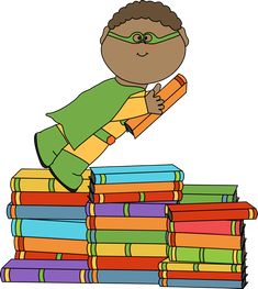 a boy standing on top of a pile of books with a pencil in his hand