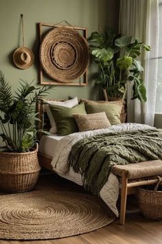 Green And Earthy Bedroom, Earthy Green Interior Design, Sage Green And White Apartment Aesthetic, Light Color Decor, Sage Green Earthy Bedroom, Earthy Bedroom Green Walls, Sage Green Black And White Bedroom, Green And Beige Room, Green And Tan Bedroom