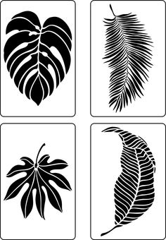 four different types of leaves in black and white