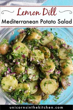 a bowl full of lemon dill mediterranean potato salad