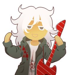 an anime character with white hair holding a red guitar in one hand and looking at the camera