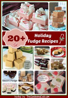 holiday fudge recipes collage with text overlay that reads 20 + holiday fudge recipes