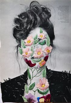 a woman with flowers painted on her face and body is shown from the neck down