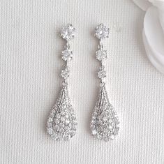 Pear Shaped Drop Earrings for Brides-Chloe - PoetryDesigns Pear Shaped Earrings Tear Drops, Long Diamond Earrings, Earrings Stand, Bridal Earrings Drop, Wedding Earrings Drop, Earring Stand, Wedding Hair Down, Sparkly Earrings, Jewelry Essentials