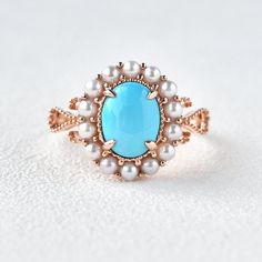 Turquoise Wedding Ring, Pearl Halo Ring, Vintage Halo Ring, Turquoise Engagement Ring, Turquoise Wedding Rings, Pearl Halo, Turquoise Ring Engagement, Turquoise Gold Ring, Pearl Engagement Ring