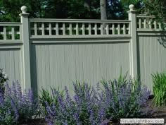 a fence with purple flowers in front of it