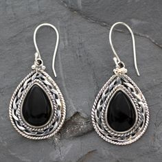 Teardrops of black onyx find a showcase in earrings from Bhavesh. The earrings' sleek beauty is heightened by ornate settings of sterling silver. .925 Sterling silver Blue Nile Jewelry, Hot Jewelry, Indian Earrings, Sterling Silver Dangle Earrings, Silver Jewelry Rings, Gem Stones, Black Earrings, Ceramic Beads, Online Earrings