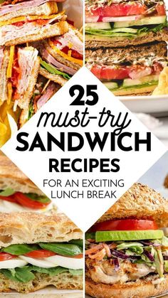 sandwiches with the words 25 must try sandwich recipes for an exciting lunch break on top