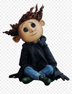 a doll with dreadlocks sitting on the ground, wearing a black coat and jeans