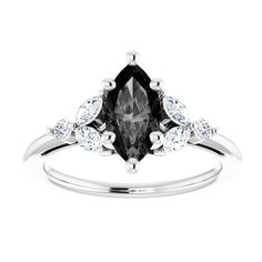 a black and white diamond ring with diamonds on the sides, set in 18k white gold