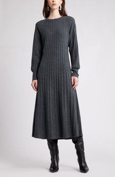 Nordstrom Long Sleeve Wool & Cashmere Sweater Dress | Nordstrom A Line Sweater Dress, Sweater Dress Work Outfit, Knit Sweater Dress Outfit, Midi Dress With Cardigan, Cashmere Sweater Outfit, Wool Dresses, Dress Work Outfit, Loose Sweater Dress, Timeless Sweater