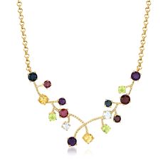 Ross-Simons - 5.50ct t. w. Multi-Gemstone Vine Necklace Over Sterling. 18". On this unique necklace, 5.50 ct. tot. gem wt. round amethyst, citrine, garnet, London and sky blue topaz, rhodolite garnet and peridot gems garnish the tips of an 18kt yellow gold over sterling silver vine design. Emitting a rainbow of hues, the dispersed placement of the gems mimics a flourishing bouquet, bringing some sweetness to your ensembles. Suspends from a rolo chain. Lobster clasp, multi-gemstone vine necklace. Garnet Birthstone, Vine Design, Sky Blue Topaz, Rhodolite Garnet, Rolo Chain, Unique Necklaces, Blue Topaz, Citrine, Garnet