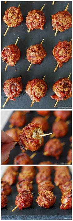 the process of making meatballs on skewers