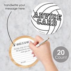 a hand writing on a card with the words advice card next to it and an image of a volleyball ball