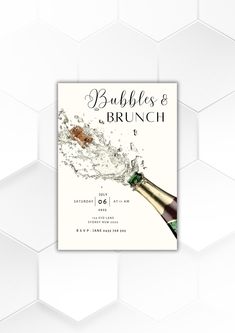 the bubbles and brunch wedding card is shown on a hexagonal background