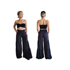 These solid black palazzo pants with pockets are the perfect choice for any event. Whether you're hitting the beach, attending a festival, or simply relaxing at home, these palazzo pants offer a cool, funky, and super relaxed vibe. Crafted from 100% super soft rayon fabric and featuring a Lycra waistband, these one-size pants comfortably fit sizes extra small to medium or 22-inch to a 34-inch waist. The flat Lycra waistband can be folded to adjust the length. Measurements: -Pants Length: 40 inch Black Wide Leg Pants For Summer, Black High-waisted Pants For Vacation, Black Wide Leg Pants For Vacation, Black Trousers For Vacation, Black Straight Pants For Vacation, Black High-waisted Beach Pants, Black High-waisted Pants For The Beach, Black Full Length Yoga Pants For Summer, High-waisted Black Wide Leg Pants For Beach