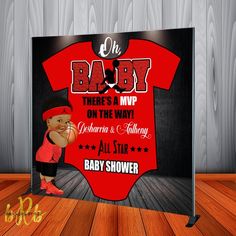 a baby shower sign with an image of a basketball player on the front and back