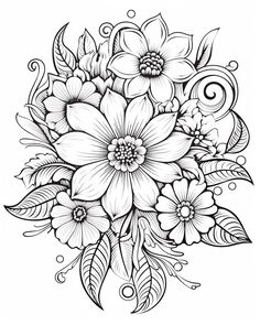 a bouquet of flowers with leaves and swirls in black and white on a white background