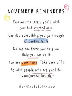 a poster with the words november reminders written in different colors and font on it