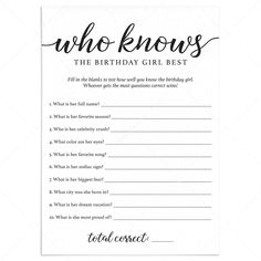 Birthday Trivia Game Printable Who Knows The Birthday Girl Best by LittleSizzle Birthday Games Who Knows Me Best, Cheap Birthday Party Activities, Birthday Party Question Games, Trivia Questions About The Birthday Person, Birthday Trivia Games Free Printable, Who Knows The Birthday Girl Best Game, Who Know The Birthday Girl The Best, Birthday Guest Gift Ideas, Who Knows The Bday Girl Best