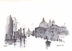 an ink drawing of a cityscape with buildings and water in the foreground