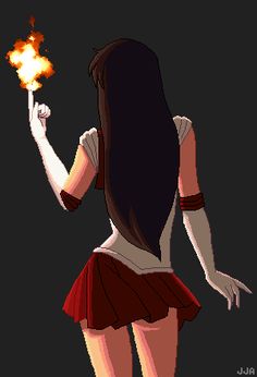 a woman in a short skirt holding a fire ball up to her chest and looking down at the ground