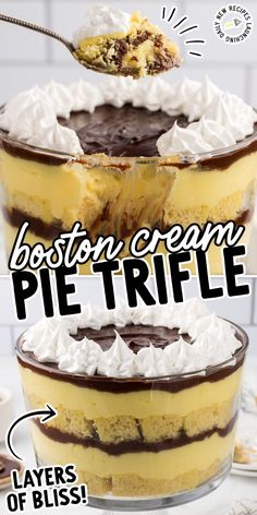 A stunning Boston Cream Pie Trifle in a clear trifle dish, featuring layers of yellow cake, vanilla pudding, and glossy chocolate ganache.