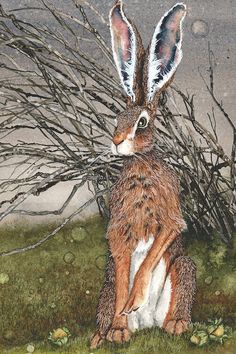 a painting of a brown and white rabbit sitting in the grass next to some branches