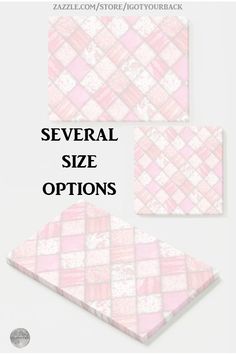 several pink and white tiles with the words several size options